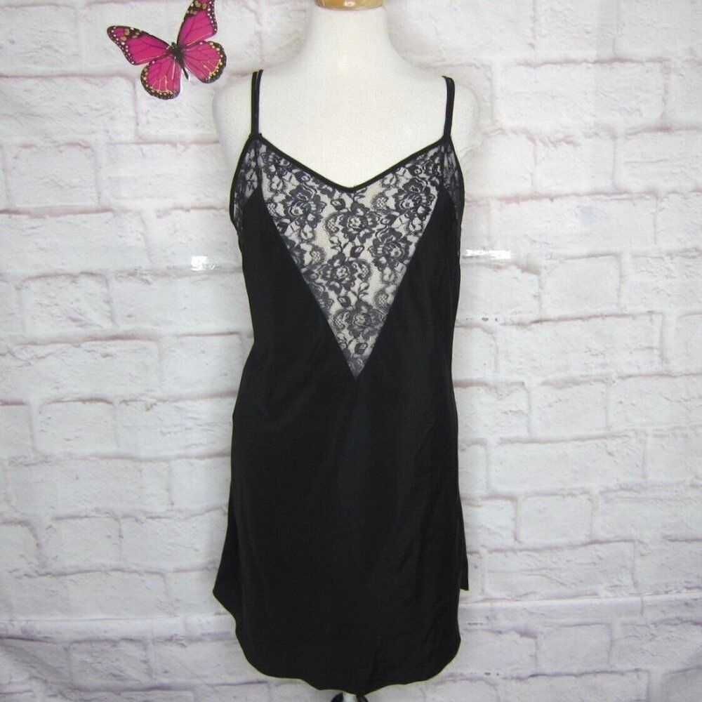 Victoria’s Secret Gold Label Black Vintage Midi Slip Dress, Lace Detail, Size L